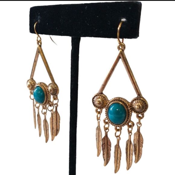 Chandelier Feather Earrings Faux Turquoise Gold Tone Western Aztec Southwestern. - Picture 11 of 15